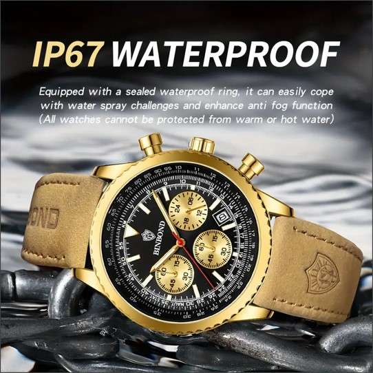 BINBOND Men's Six Hands Calendar Multifunctional Quartz Watch With Genuine Leather Cowhide Strap