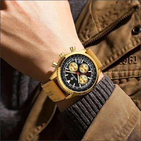 BINBOND Men's Six Hands Calendar Multifunctional Quartz Watch With Genuine Leather Cowhide Strap