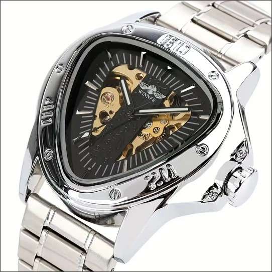 Winner - Unique Hollow Triangle Design, Automatic Mechanical Movement, SILVER Stainless Steel Alloy