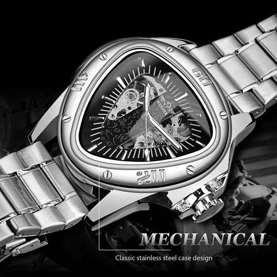 Winner - Unique Hollow Triangle Design, Automatic Mechanical Movement, SILVER Stainless Steel Alloy