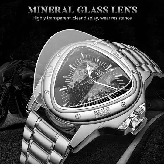Winner - Unique Hollow Triangle Design, Automatic Mechanical Movement, SILVER Stainless Steel Alloy