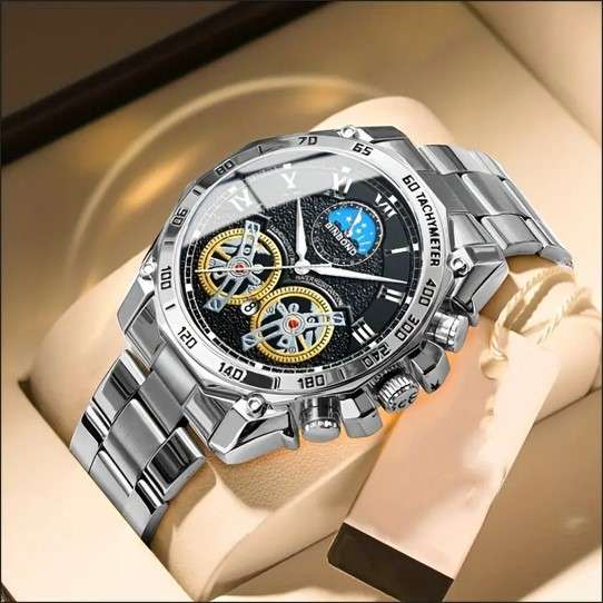 BINBOND Men's Skeleton Quartz Watch with Dual Tourbillon - Fashionable Luminous, Stainless Steel