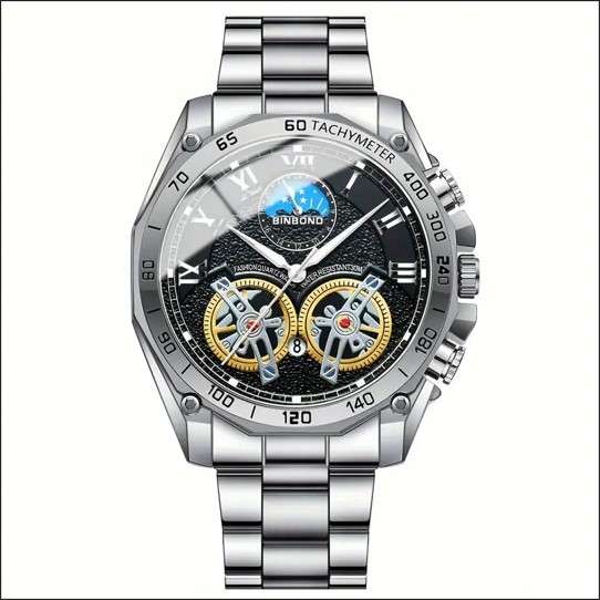 BINBOND Men's Skeleton Quartz Watch with Dual Tourbillon - Fashionable Luminous, Stainless Steel