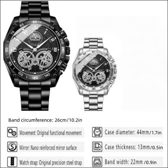 BINBOND Men's Skeleton Quartz Watch with Dual Tourbillon - Fashionable Luminous, Stainless Steel