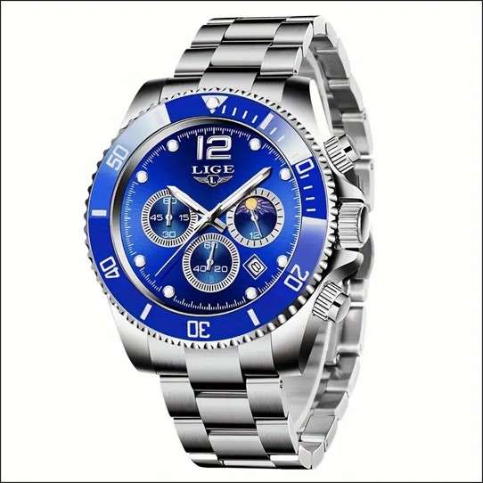 LIGE Men's Luxury Watch, Stainless Steel, 30M, Chronograph, Luminous, Moon & Stars, Quartz Movement