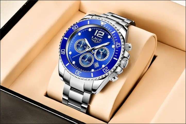 LIGE Men's Luxury Watch, Stainless Steel, 30M, Chronograph, Luminous, Moon & Stars, Quartz Movement