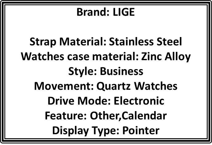 LIGE Men's Luxury Watch, Stainless Steel, 30M, Chronograph, Luminous, Moon & Stars, Quartz Movement