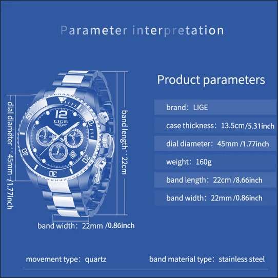 LIGE Men's Luxury Watch, Stainless Steel, 30M, Chronograph, Luminous, Moon & Stars, Quartz Movement