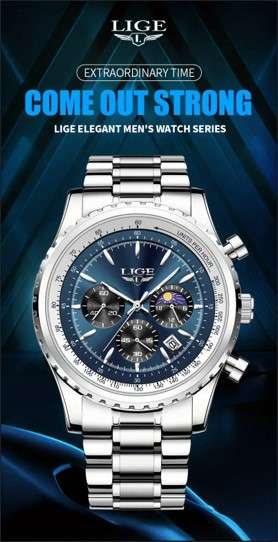 LIGE Men's Quartz Watch, Luminous Dial, Sports Multifunctional Chronograph, Moon Phase Calendar