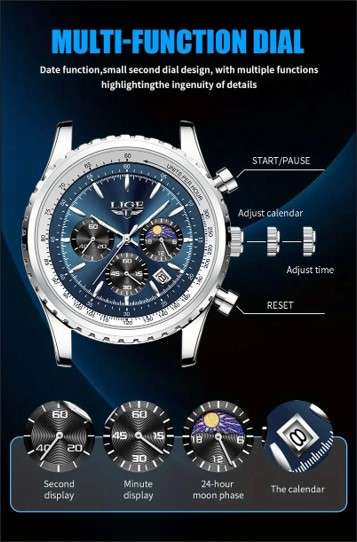 LIGE Men's Quartz Watch, Luminous Dial, Sports Multifunctional Chronograph, Moon Phase Calendar