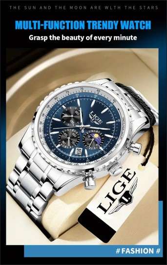 LIGE Men's Quartz Watch, Luminous Dial, Sports Multifunctional Chronograph, Moon Phase Calendar