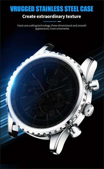 LIGE Men's Quartz Watch, Luminous Dial, Sports Multifunctional Chronograph, Moon Phase Calendar