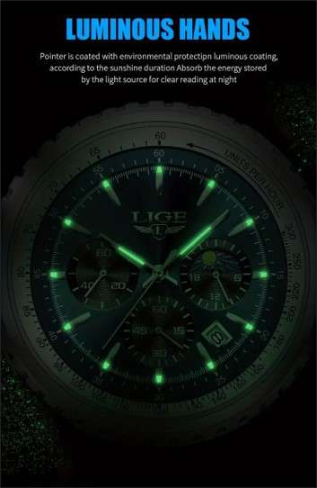LIGE Men's Quartz Watch, Luminous Dial, Sports Multifunctional Chronograph, Moon Phase Calendar