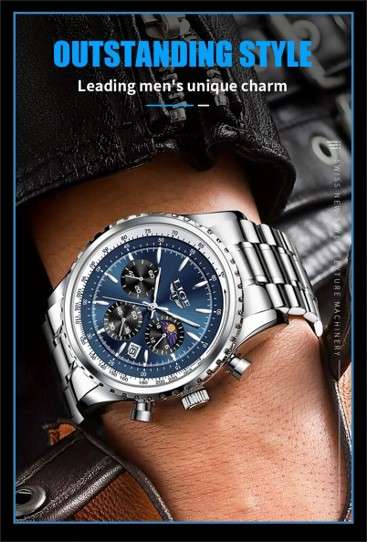 LIGE Men's Quartz Watch, Luminous Dial, Sports Multifunctional Chronograph, Moon Phase Calendar
