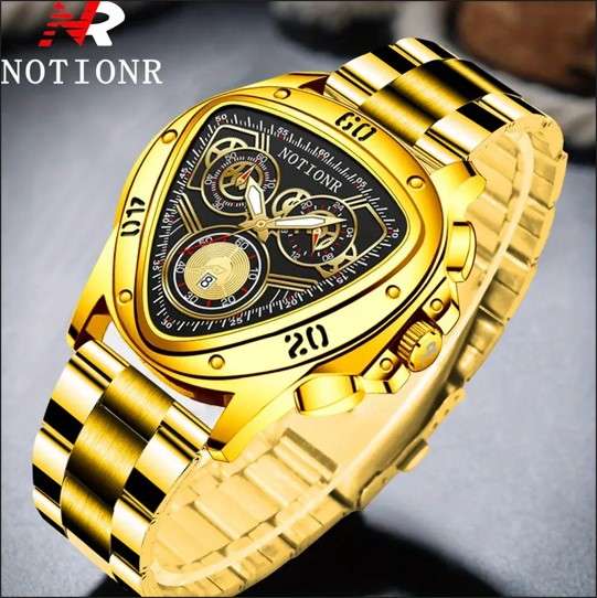 NOTIONR Triangular Elegant Men's Quartz Wrist Watch with Calendar, Golden Dial, Stainless Steel Band