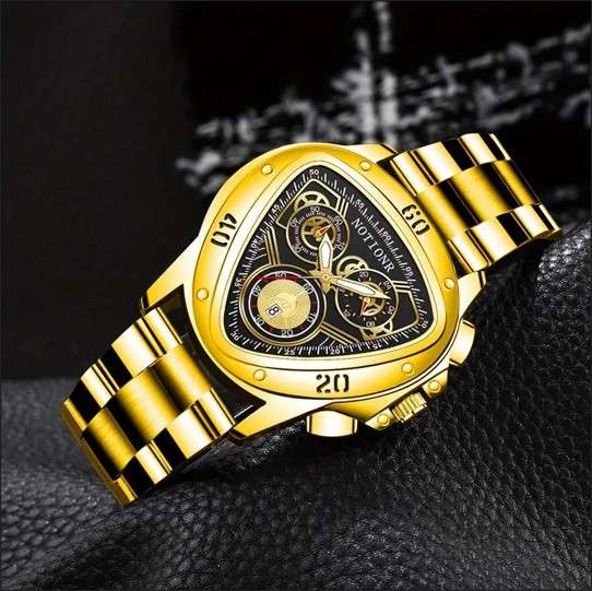 NOTIONR Triangular Elegant Men's Quartz Wrist Watch with Calendar, Golden Dial, Stainless Steel Band