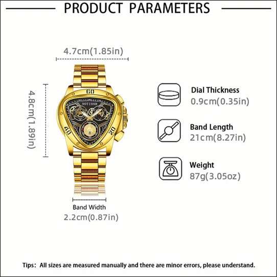 NOTIONR Triangular Elegant Men's Quartz Wrist Watch with Calendar, Golden Dial, Stainless Steel Band