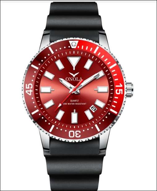 Onola Submariner Quartz Watch,  Rubber Strap (Red Face)