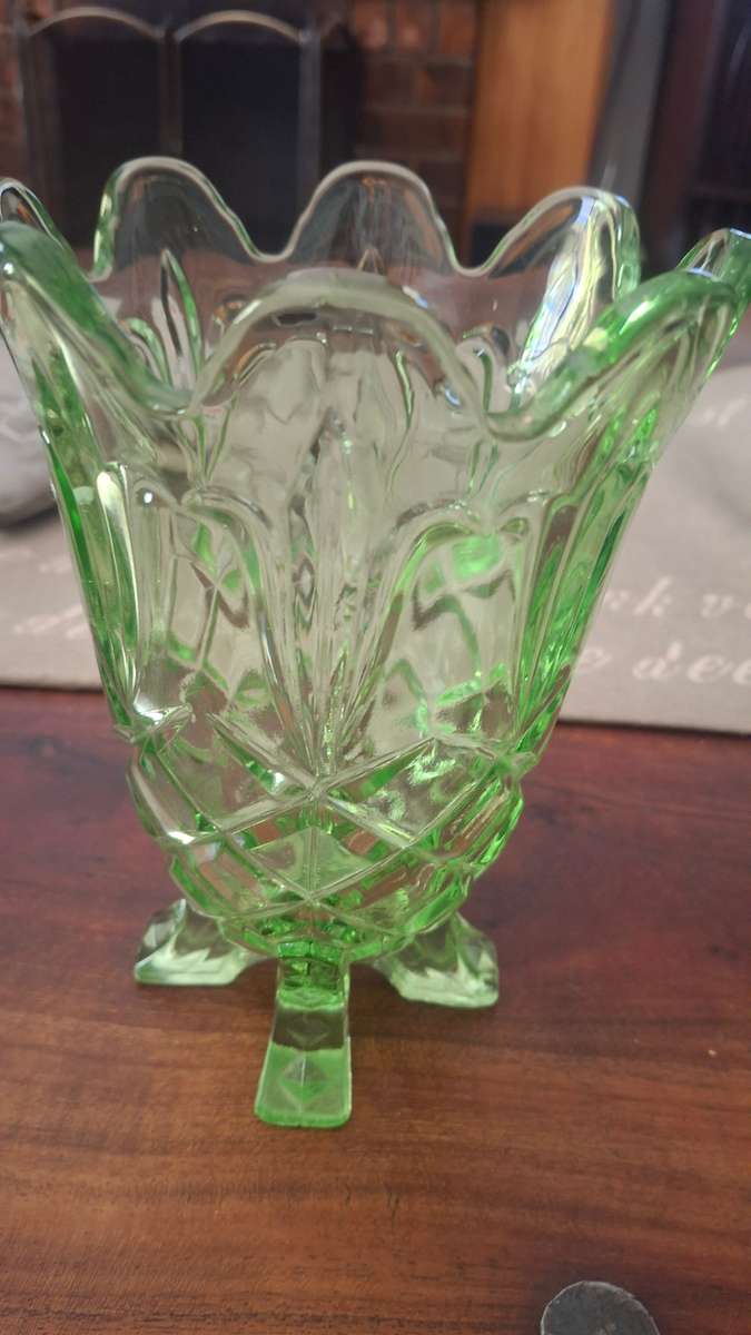 Vintage Green Footed Vase Pressed Glass Design Fluted Diamond Cut Pattern