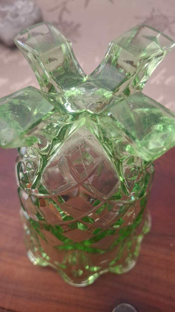 Vintage Green Footed Vase Pressed Glass Design Fluted Diamond Cut Pattern
