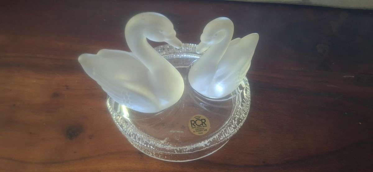 Royal Crystal Rock (RCR) "PAIR OF OPAQUE SWANS" 24% Lead Crystal.