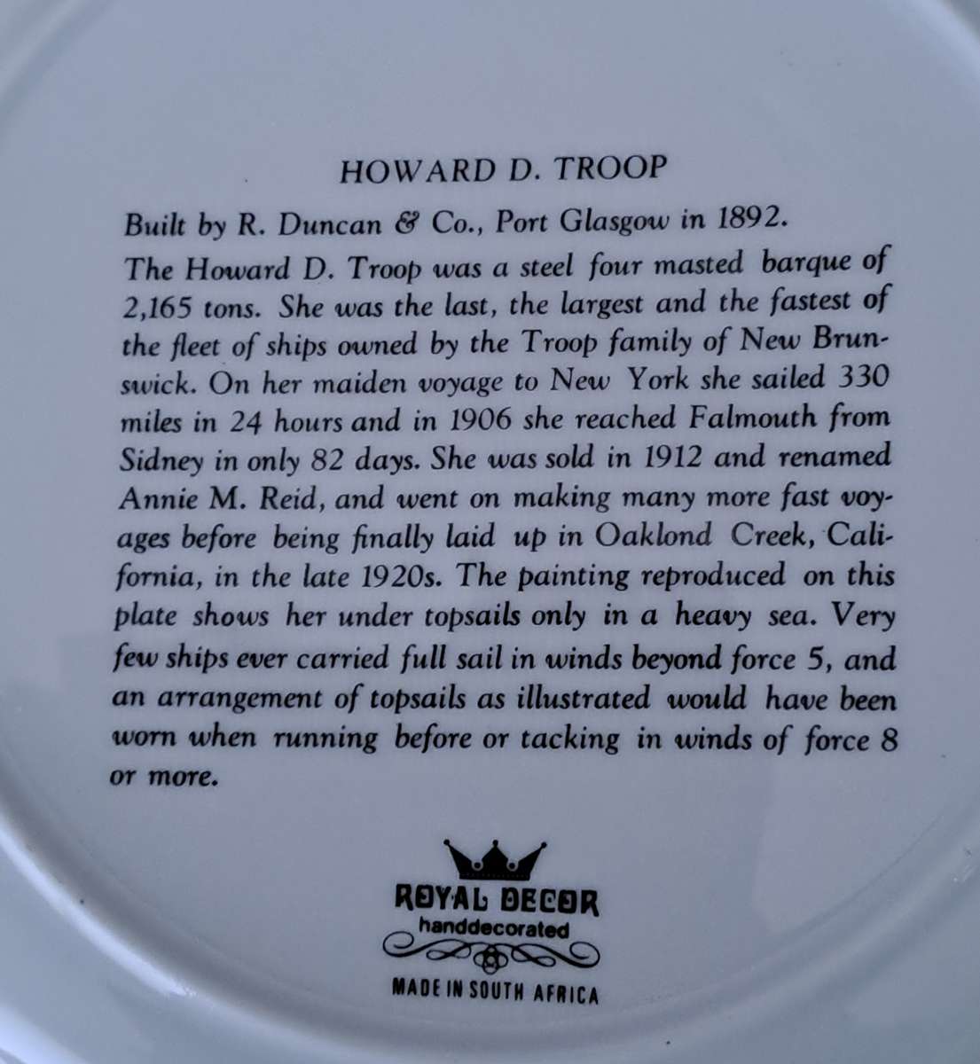 Royal Decor (South Africa) Ship Plate - Howard D. Troop