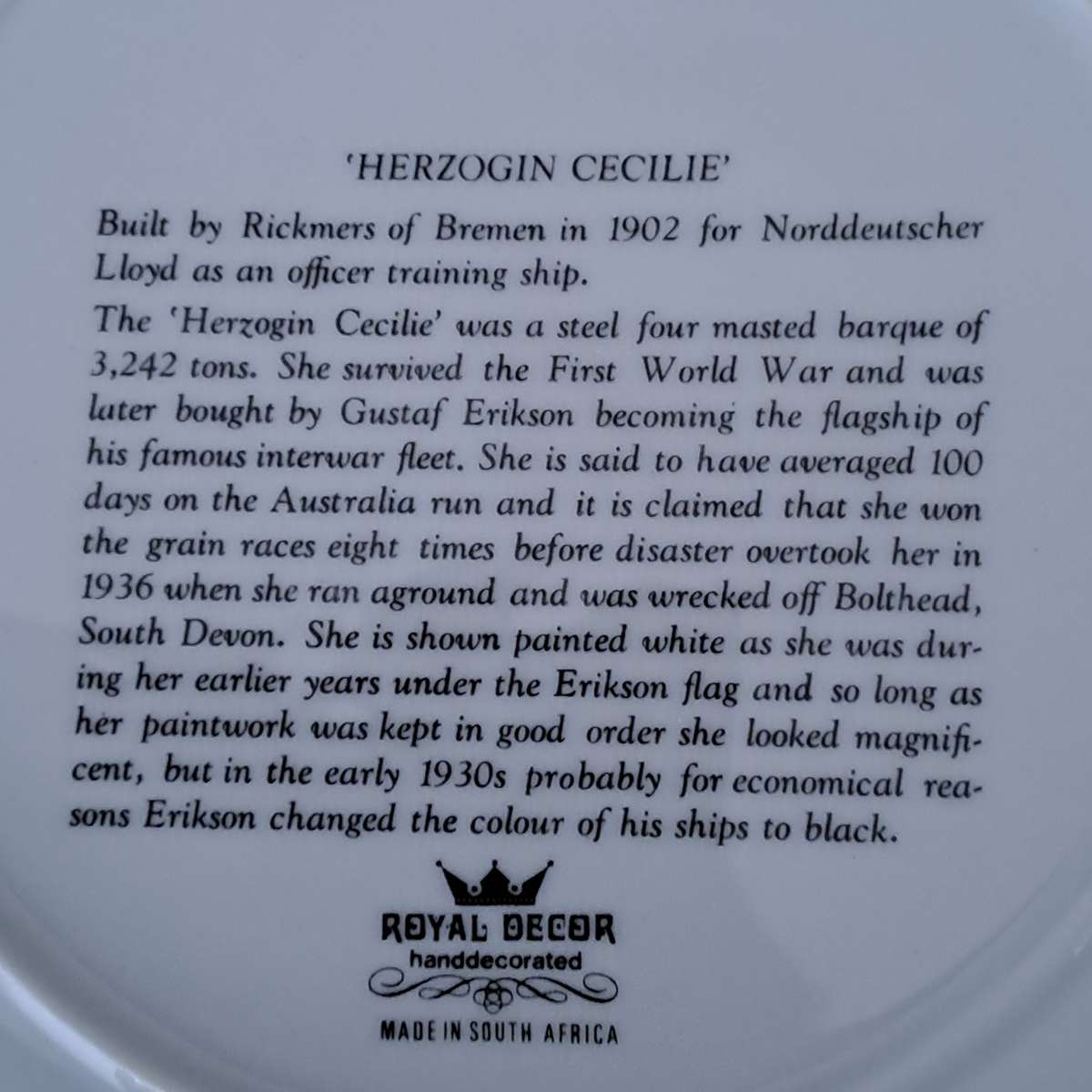 Royal Decor (South Africa) Ship Plate - Herzogin Cecilie