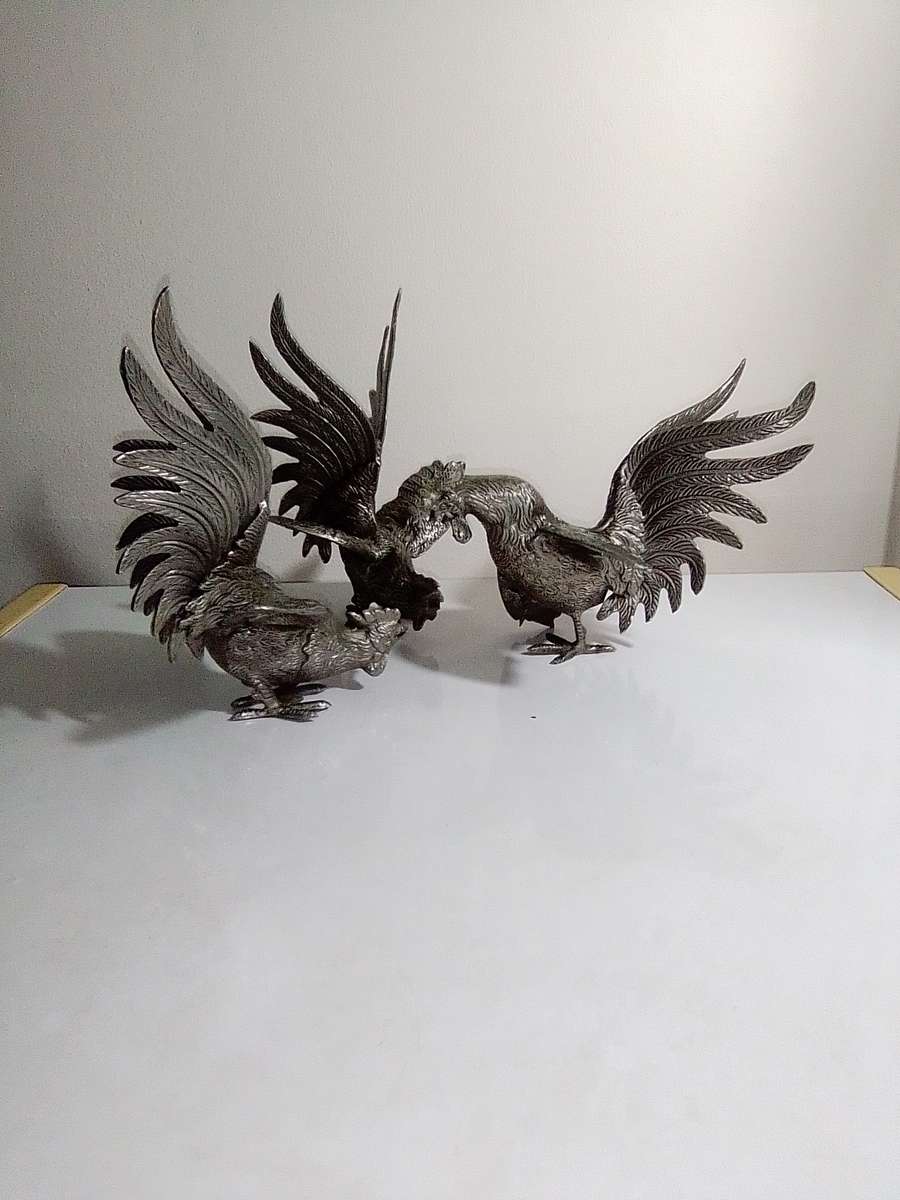 1950's A Vintage lot of Three fighting roosters. They are very aggressive! Silver plated over Brass.
