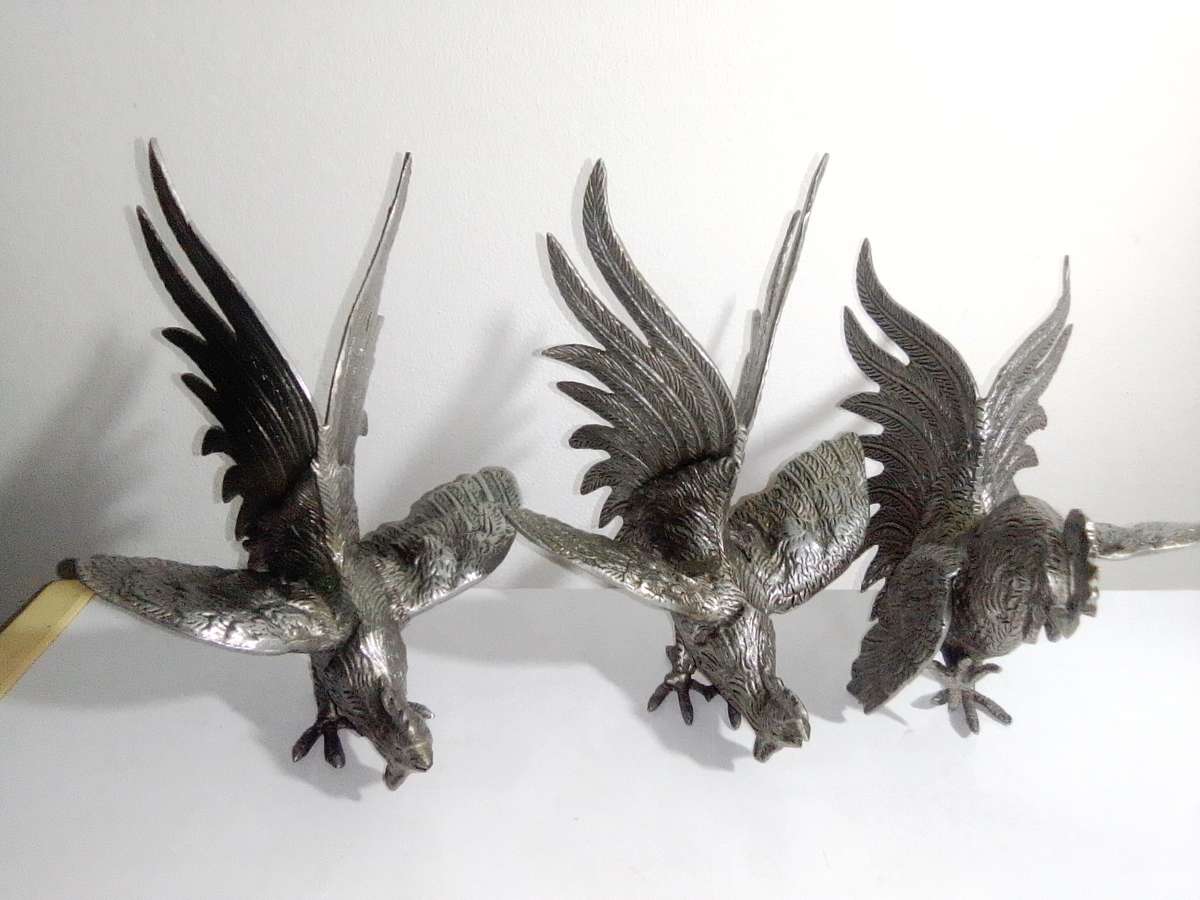 1950's A Vintage lot of Three fighting roosters. They are very aggressive! Silver plated over Brass.