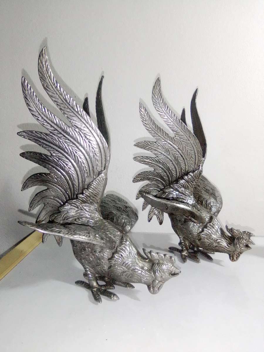 1950's A Vintage lot of Three fighting roosters. They are very aggressive! Silver plated over Brass.