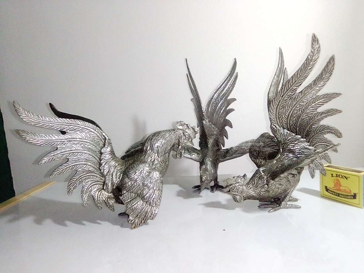 1950's A Vintage lot of Three fighting roosters. They are very aggressive! Silver plated over Brass.