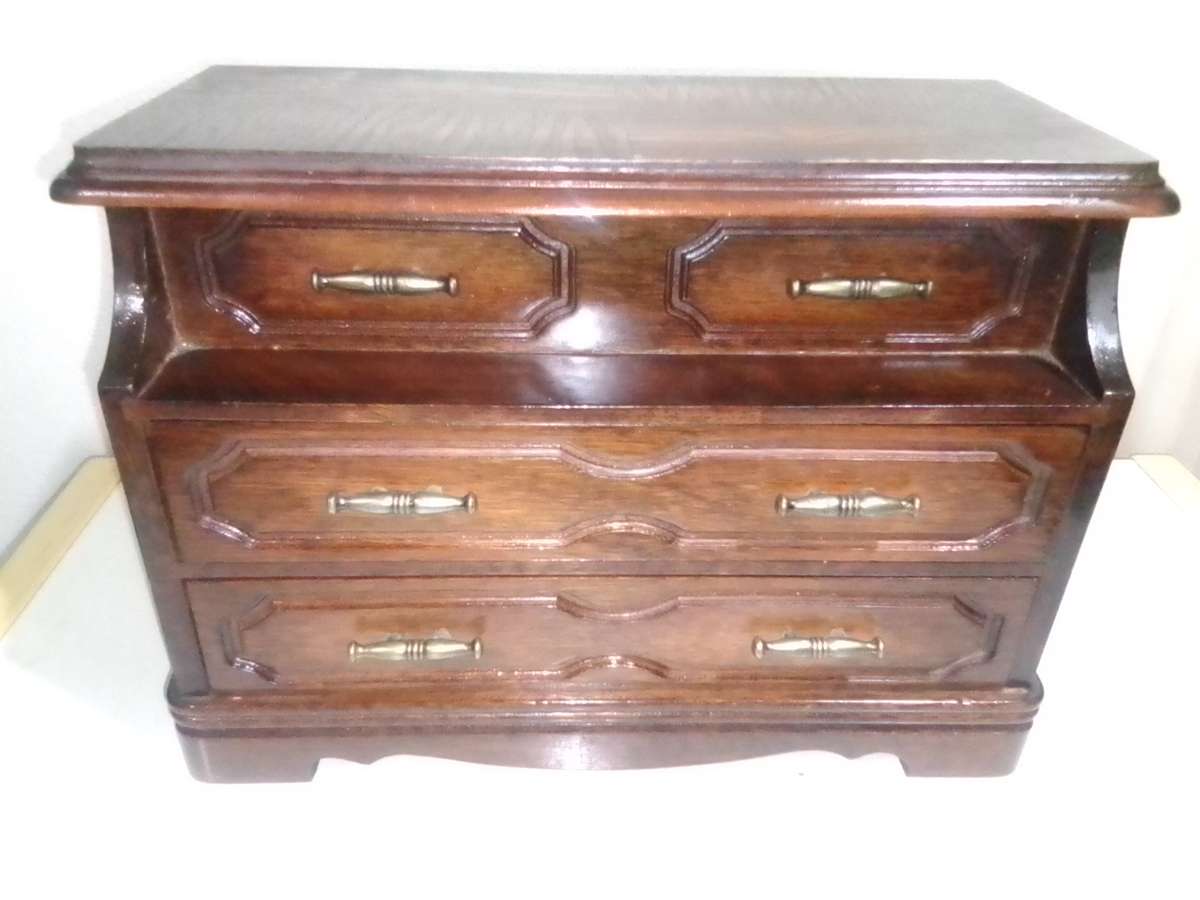 VINTAGE +- 1970's wooden Musical Jewelry box. Jewellery box with mirror and drawers. Tall boy Motif.