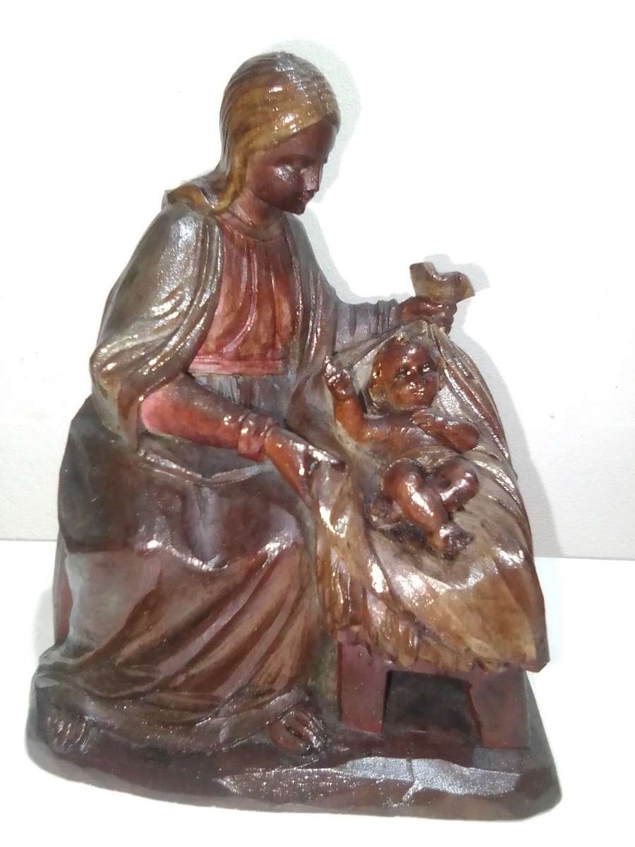 Vintage Mother Mary and Jesus Religious Figurine Devotional Catholic hand carved wooden figurine.