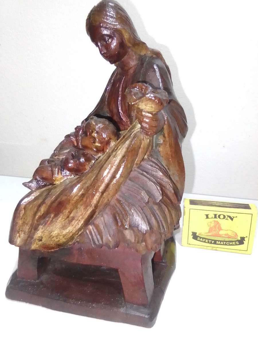 Vintage Mother Mary and Jesus Religious Figurine Devotional Catholic hand carved wooden figurine.