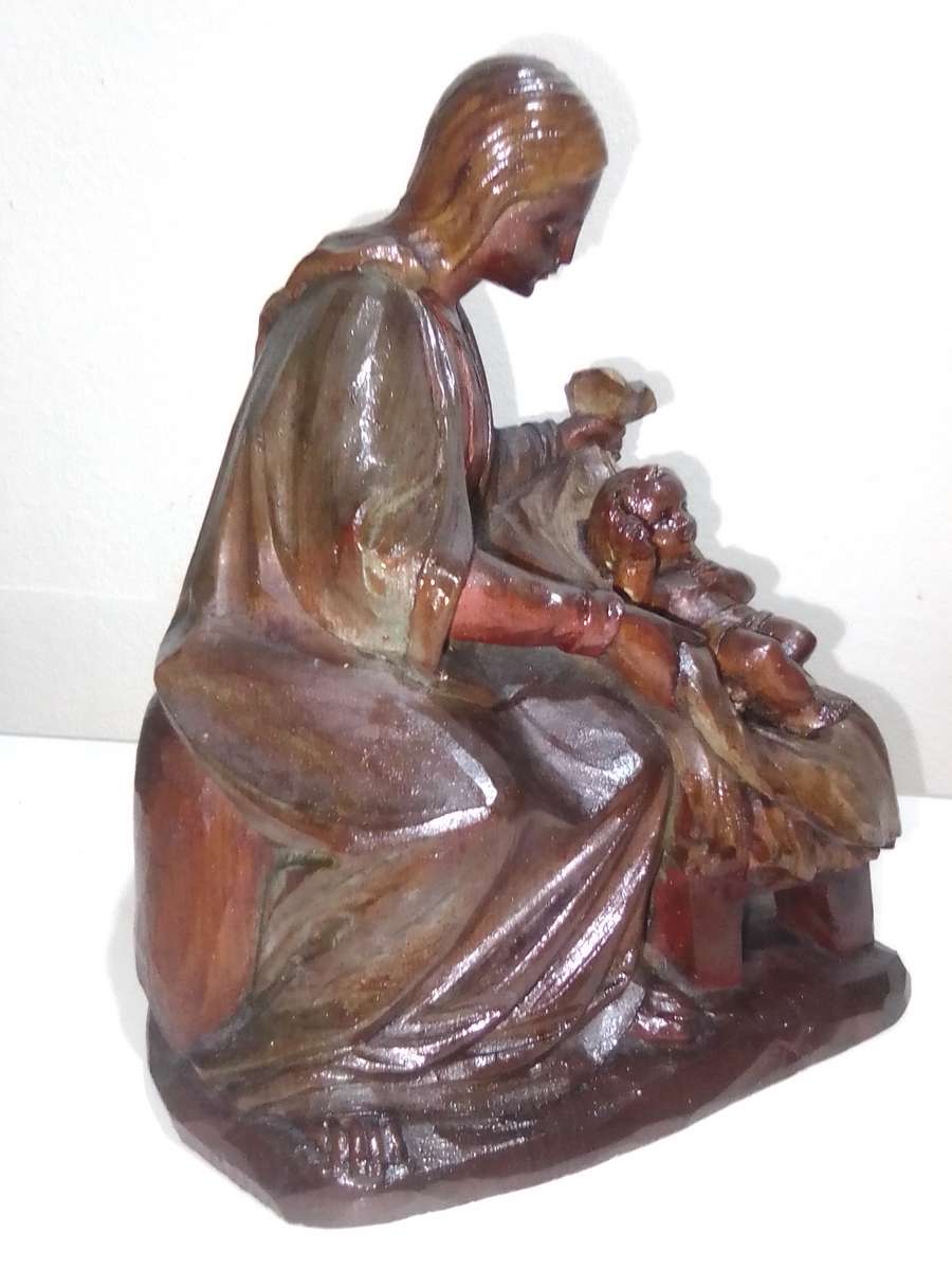 Vintage Mother Mary and Jesus Religious Figurine Devotional Catholic hand carved wooden figurine.