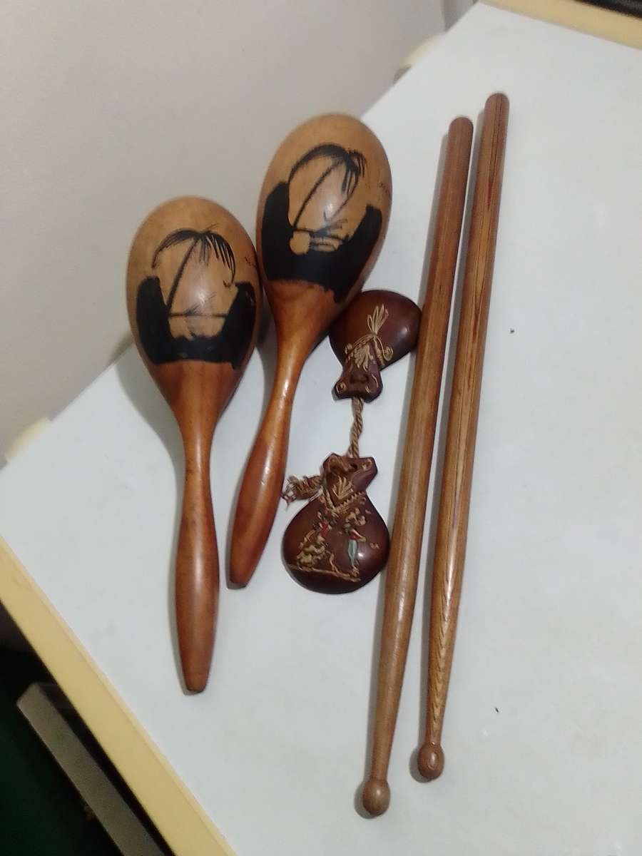 Old Vintage set. 1950's Mexican hand painted Castanets and Maracas and two  stick's..
