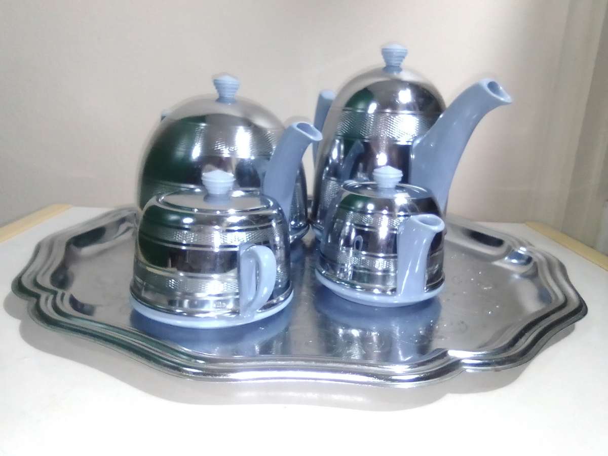Chrome covered 1940s Light Blue Tea Set By Everhot Tea/Coffie Pot Sugar bowl and milk jug / creamer