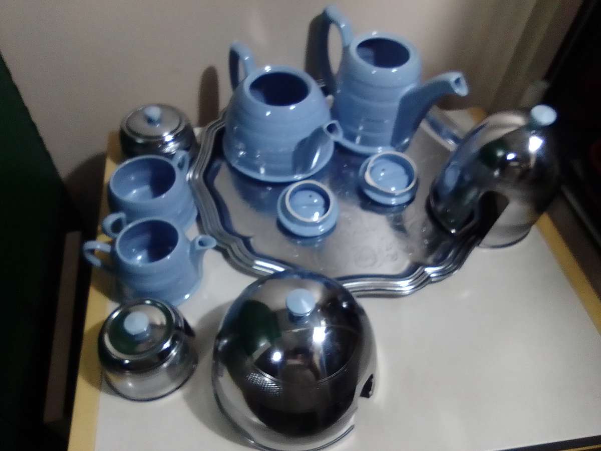 Chrome covered 1940s Light Blue Tea Set By Everhot Tea/Coffie Pot Sugar bowl and milk jug / creamer