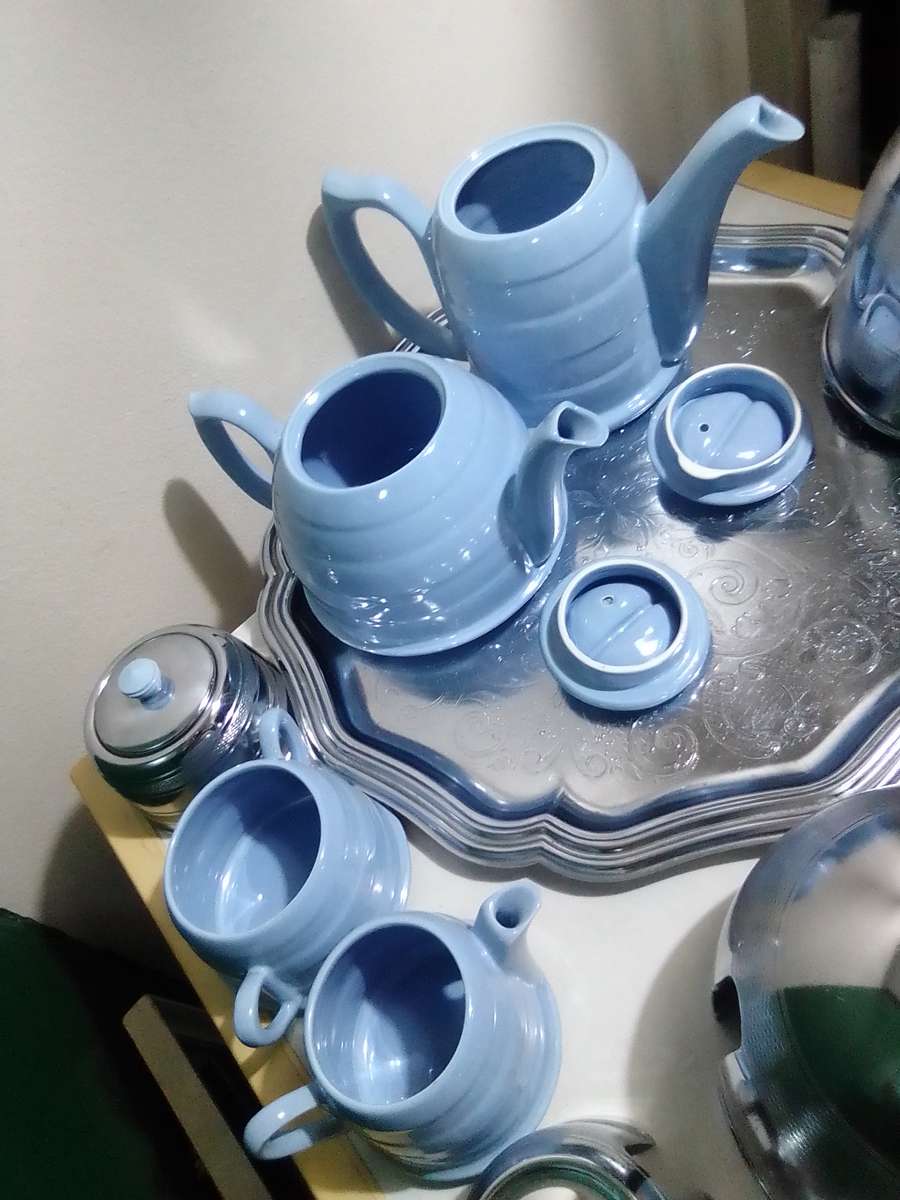 Chrome covered 1940s Light Blue Tea Set By Everhot Tea/Coffie Pot Sugar bowl and milk jug / creamer