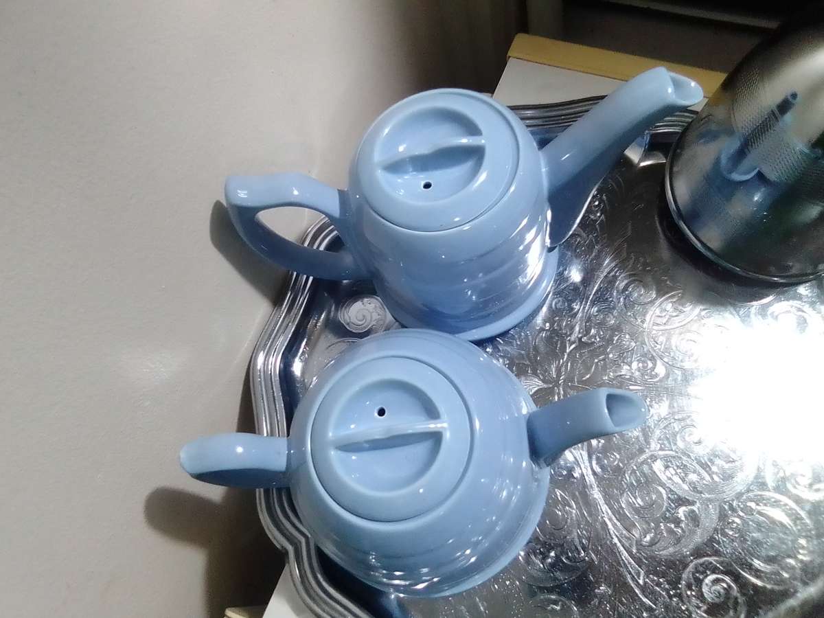 Chrome covered 1940s Light Blue Tea Set By Everhot Tea/Coffie Pot Sugar bowl and milk jug / creamer
