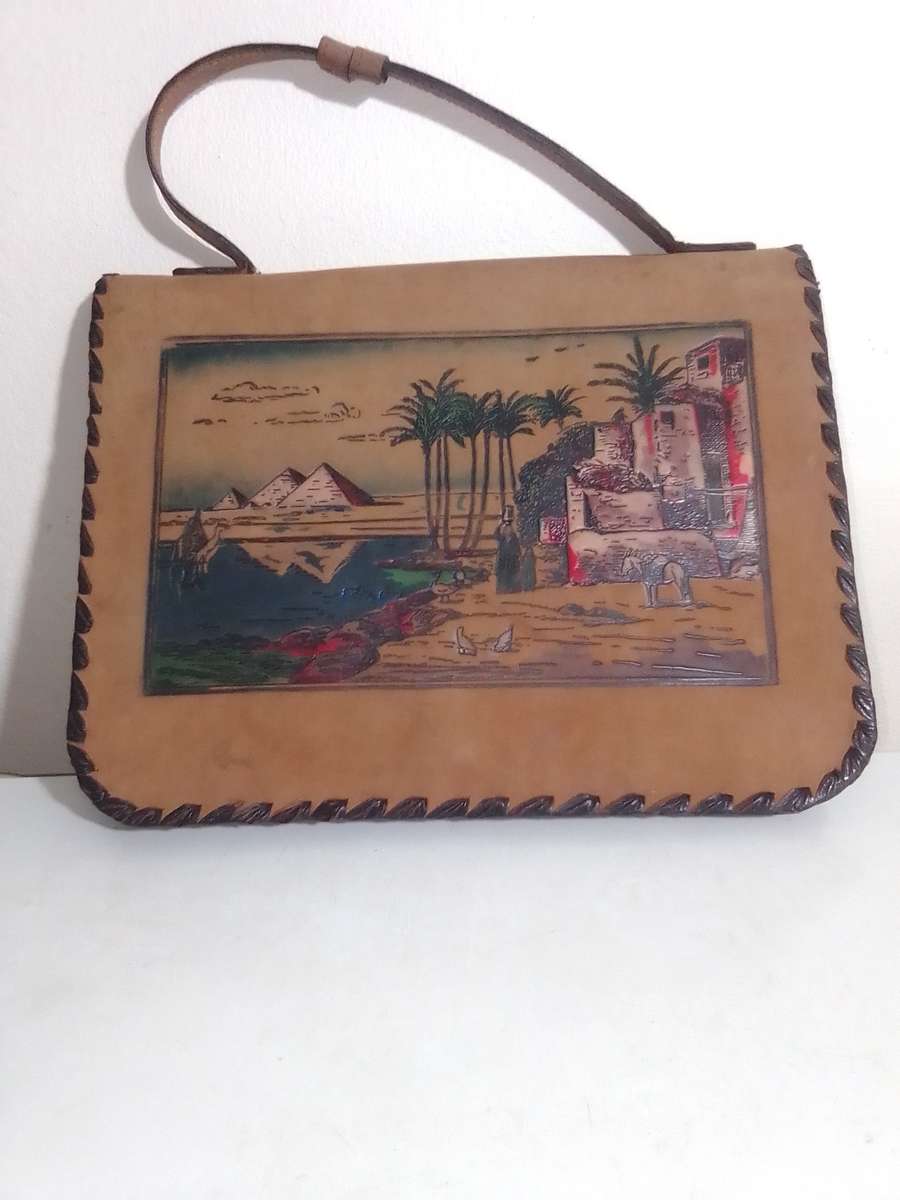 Egyptian Leather Handbag & Wallet plus 2 small purses, hand tooled Camel leather circa 1950's