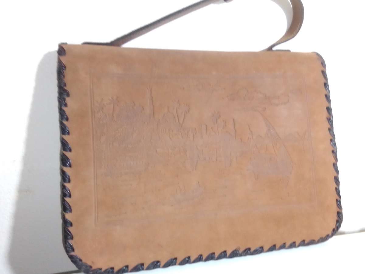 Egyptian Leather Handbag & Wallet plus 2 small purses, hand tooled Camel leather circa 1950's