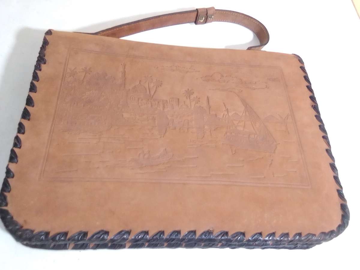 Egyptian Leather Handbag & Wallet plus 2 small purses, hand tooled Camel leather circa 1950's