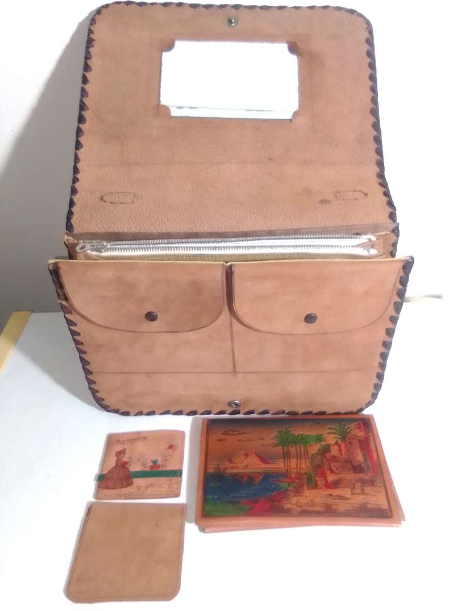 Egyptian Leather Handbag & Wallet plus 2 small purses, hand tooled Camel leather circa 1950's