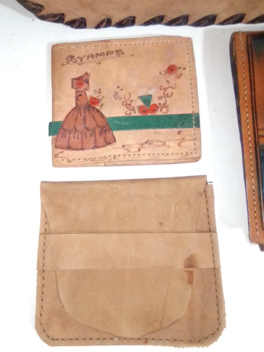 Egyptian Leather Handbag & Wallet plus 2 small purses, hand tooled Camel leather circa 1950's