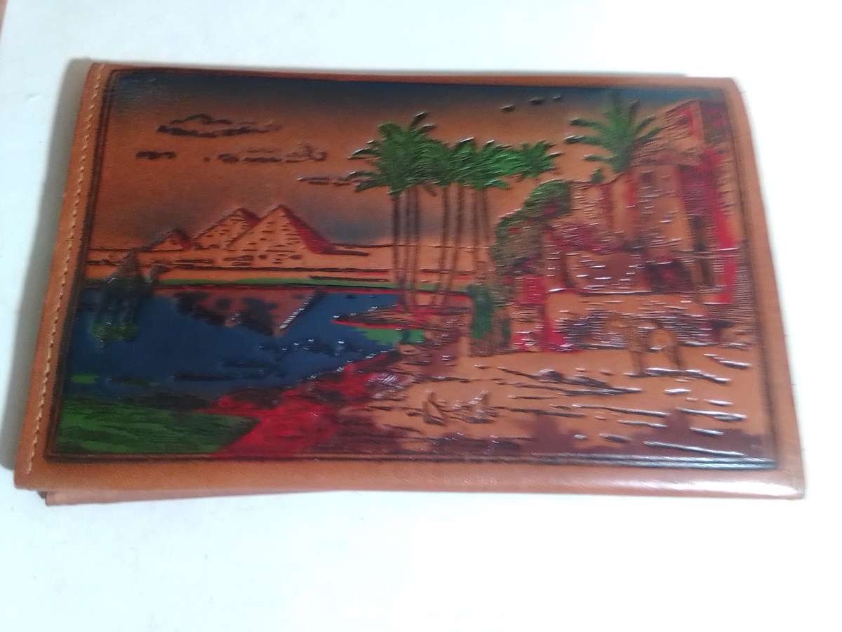 Egyptian Leather Handbag & Wallet plus 2 small purses, hand tooled Camel leather circa 1950's