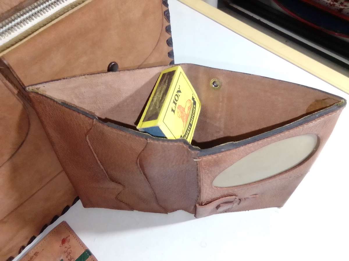 Egyptian Leather Handbag & Wallet plus 2 small purses, hand tooled Camel leather circa 1950's