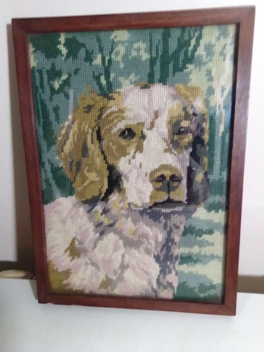Framed Picture of Beagle dog tapestry under glass.