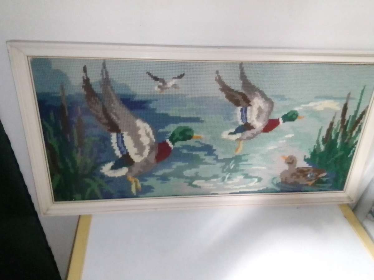 Flying Mallard Duck's Artistic Portrait Tapestry Framed.