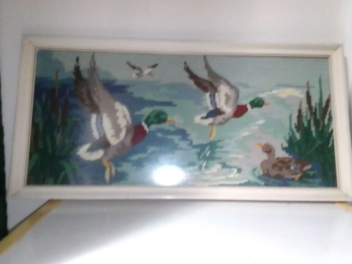 Flying Mallard Duck's Artistic Portrait Tapestry Framed.